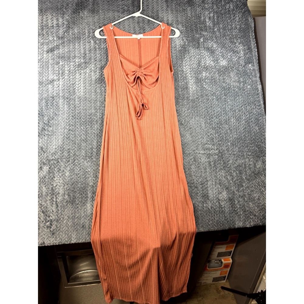 Womens Maxi Dress Rust Terracotta Ribbed Knit Sleeveless Cinch Front Trendy